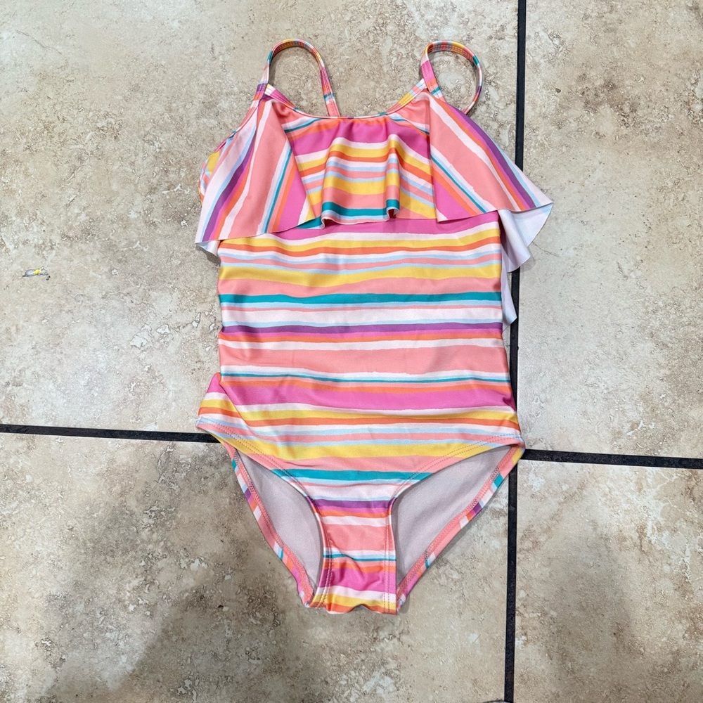 Tea Collection Stripped Ruffle Bathing Suit Swimsuit One Piece Girls Size 6
